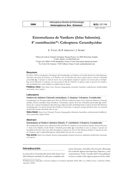 Entomofauna De Vanikoro (Islas Salomón). 4ª Contribución(*): Coleoptera: Cerambycidae