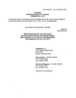 Court File No. CV-17-578761-00CL ONTARIO SUPERIOR COURT OF