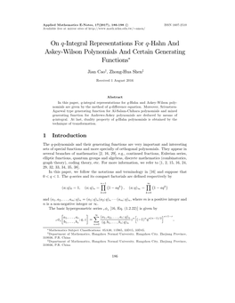 On Q-Integral Representations for Q-Hahn and Askey-Wilson Polynomials and Certain Generating Functions∗