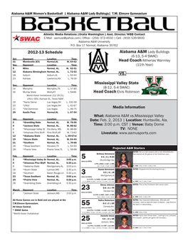 2012-13 Schedule VS. Alabama A&M Lady Bulldogs Mississippi Valley