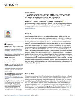 Transcriptomic Analysis of the Salivary Gland of Medicinal Leech Hirudo Nipponia