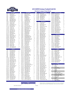 2013 ESPN Fantasy Football Draft Kit Standard League Cheat Sheet