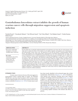 Goniothalamus Lanceolatus Extract Inhibits the Growth of Human Ovarian Cancer Cells Through Migration Suppression and Apoptosis Induction