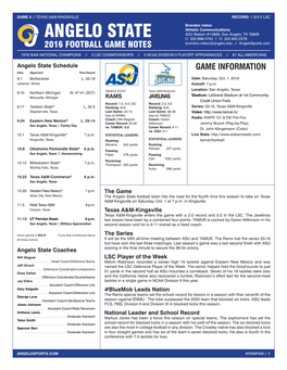 ANGELO STATE DEPTH CHART Vs. Texas A&M-Kingsville