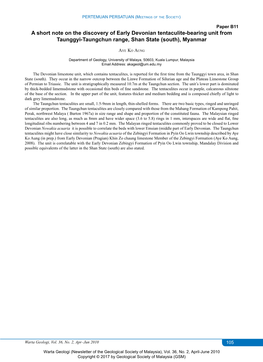 A Short Note on the Discovery of Early Devonian Tentaculite-Bearing Unit from Taunggyi-Taungchun Range, Shan State (South), Myanmar