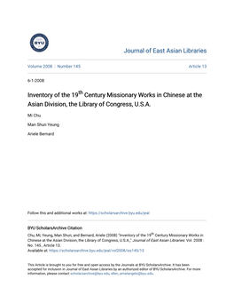 Inventory of the 19Th Century Missionary Works in Chinese at the Asian Division, the Library of Congress, U.S.A