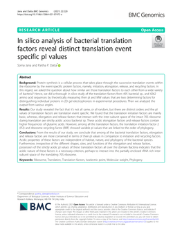 In Silico Analysis of Bacterial Translation Factors Reveal Distinct Translation Event Specific Pi Values Soma Jana and Partha P