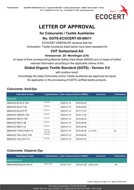 CHT Switzerland GOTS Positve List ECOCERT