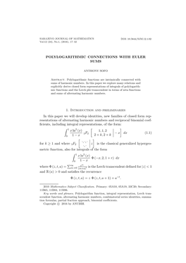 POLYLOGARITHMIC CONNECTIONS with EULER SUMS 1. Introduction