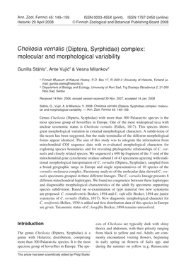 Cheilosia Vernalis (Diptera, Syrphidae) Complex: Molecular and Morphological Variability