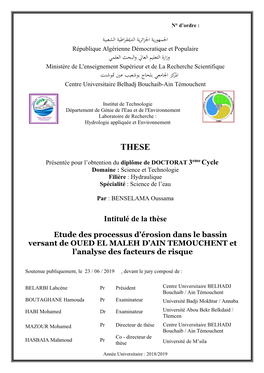 Intitulé De La Thèse Etude Des Processus D'érosion Dans Le Bassin Versant De OUED EL