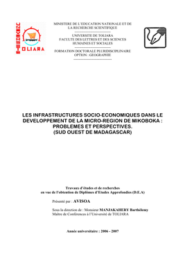 Les Infrastructures Socio-Economiques Dans Le Developpement De La Micro-Region De Mikoboka : Problemes Et Perspectives