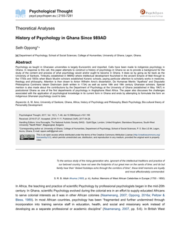 History of Psychology in Ghana Since 989AD