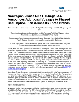 Norwegian Cruise Line Holdings Ltd. Announces Additional Voyages to Phased Resumption Plan Across Its Three Brands