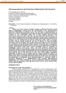 Micropropagation for the Production of High Quality Phytochemicals