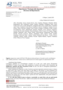 Patologia Delle Dipendenze” Direzione Del Dipartimento Amministrazione/AOO: Asa To3 Protocollo N