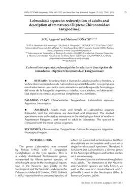 Labrundinia Separata: Redescription of Adults and Description of Immatures (Diptera: Chironomidae: Tanypodinae)