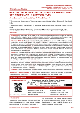 Morphological Variations in the Arterial & Nerve Supply of Thyroid Gland