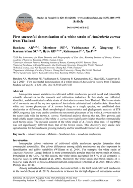 First Successful Domestication of a White Strain of Auricularia Cornea from Thailand