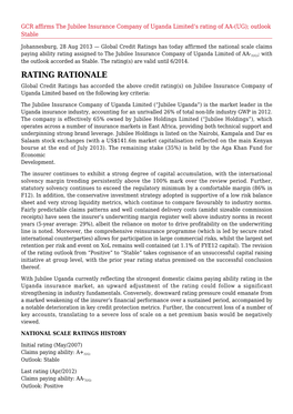 GCR Affirms the Jubilee Insurance Company of Uganda Limited’S Rating of AA-(UG); Outlook Stable