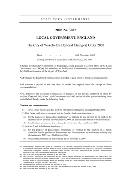 2003 No. 3087 LOCAL GOVERNMENT, ENGLAND the City of Wakefield (Electoral Changes) Order 2003