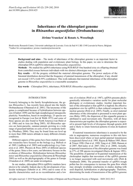 Inheritance of the Chloroplast Genome in &lt;I&gt;Rhinanthus Angustifolius&lt;/I&gt; (Orobanchaceae)