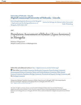 Population Assessment of Khulan (<I>Equus Hemionus</I>) in Mongolia