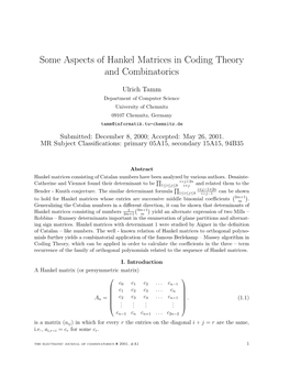 Some Aspects of Hankel Matrices in Coding Theory and Combinatorics