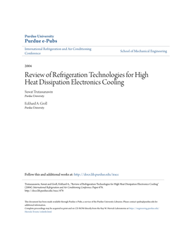 Review of Refrigeration Technologies for High Heat Dissipation Electronics Cooling Suwat Trutassanawin Purdue University