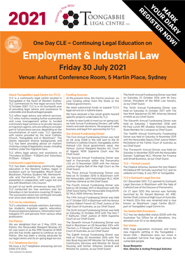 Continuing Legal Education on Employment & Industrial Law Friday 30 July 2021 Venue: Ashurst Conference Room, 5 Martin Place, Sydney