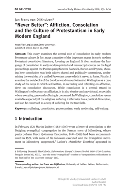 Affliction, Consolation and the Culture of Protestantism in Early Modern England Published Online March 15, 2018