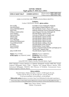 GOVOR / SPEECH Zagreb, Godina 37, 2020, Broj 2, (2021) Mrežna Inačica: ISSN 1849-2126 UDK 81'34(05)"540.6" CODEN GOVOEB Tiskana Inačica: ISSN 0352-7565