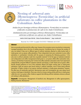 Nesting of Arboreal Ants (Hymenoptera: Formicidae) In