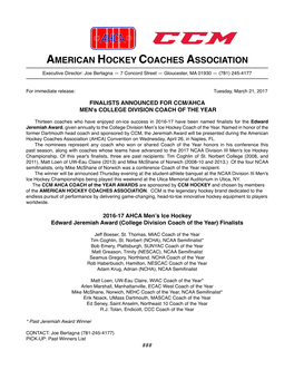 AMERICAN HOCKEY COACHES ASSOCIATION Executive Director: Joe Bertagna — 7 Concord Street — Gloucester, MA 01930 — (781) 245-4177