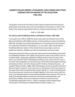 Catalogues, Shelf Marks and Other Evidence for the History of the Collection 1785-1952