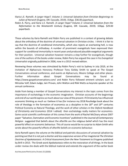 Iliaria L.E. Ramelli. a Larger Hope?, Volume 1: Universal Salvation from Christian Beginnings to Julian of Norwich (Eugene, OR: Cascade, 2019)