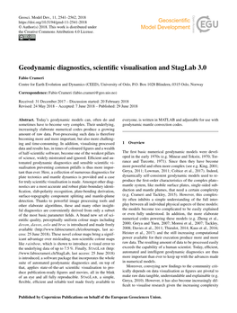 Geodynamic Diagnostics, Scientific Visualisation and Staglab