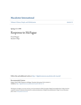 Response to Mcfague David Hopper Macalester College