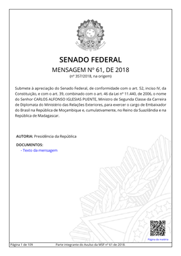 SENADO FEDERAL MENSAGEM Nº 61, DE 2018 (Nº 357/2018, Na Origem)