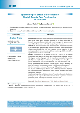 Epidemiological Status of Brucellosis in Abadeh County, Fars Province, Iran in 2011-2017