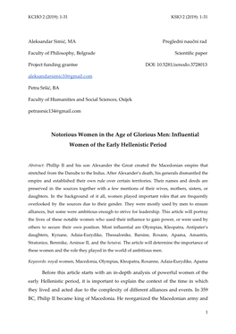 Notorious Women in the Age of Glorious Men: Influential Women of the Early Hellenistic Period