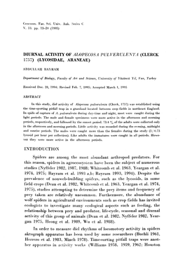 DIURNAL Activity of ALOPECOSA PULVERULENTA (CLERCK 1757) (LYCOSIDAE, ARANEAE)