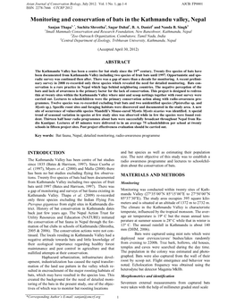 Monitoring and Conservation of Bats in the Kathmandu Valley, Nepal Sanjan Thapa1, *, Suchita Shrestha1, Sagar Dahal1, B