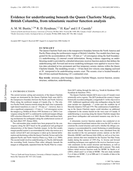 Evidence for Underthrusting Beneath the Queen Charlotte Margin, British Columbia, from Teleseismic Receiver Function Analysis