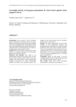 Larvicidal Activity of Syzygium Polyanthum W. Leaf Extract Against Aedes Aegypti L Larvae