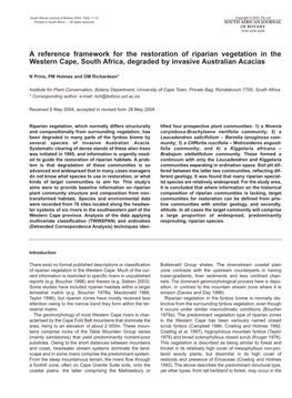 A Reference Framework for the Restoration of Riparian Vegetation in the Western Cape, South Africa, Degraded by Invasive Australian Acacias