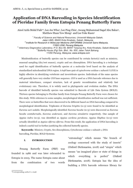 Application of DNA Barcoding in Species Identification of Pieridae Family from Entopia Penang Butterfly Farm