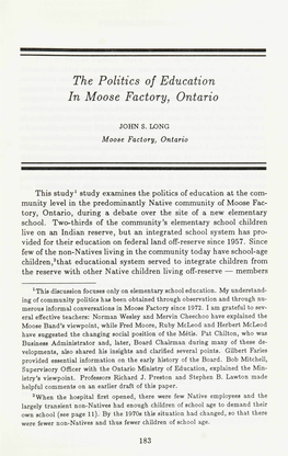 The Politics of Education in Moose Factory, Ontario