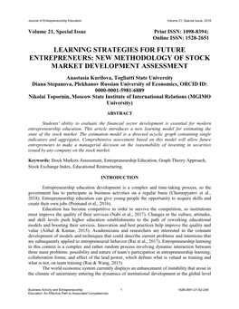 Learning Strategies for Future Entrepreneurs: New Methodology of Stock Market Development Assessment