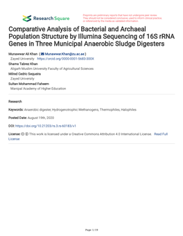 Comparative Analysis of Bacterial and Archaeal Population Structure by Illumina Sequencing of 16S Rrna Genes in Three Municipal Anaerobic Sludge Digesters